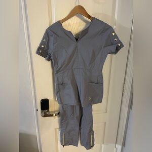 Jaanuu Grey Scrub set with Button and Zipper Accents